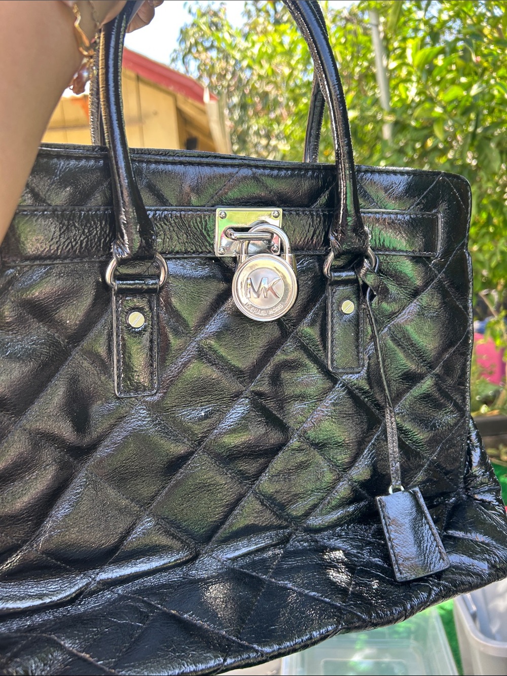 Michael Kors Black Quilted Patent Leather Satchel with Logo Lock